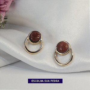 Brinco sinete com pedra redonda banhado a ouro - Escolha sua pedra