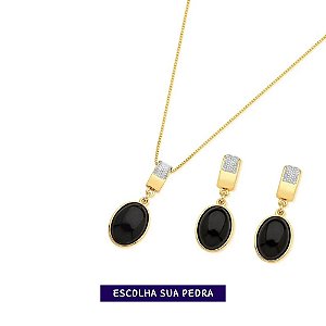 Conjunto colar e brinco com detalhes  prateado e pedra gota  banho de ouro - Escolha sua pedra