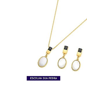 Conjunto colar e brinco com detalhes e pedra gota banho de ouro - Escolha sua pedra