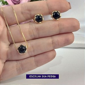 Conjunto de colar e brinco delicado pedra redonda pequena banho de ouro - Escolha sua pedra