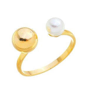 Anel Ajustável com Bola e Pérola Banhado a Ouro