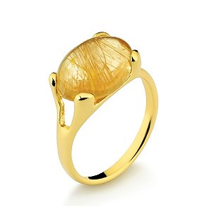 Anel com pedra Rutilo Oval Banhado a Ouro