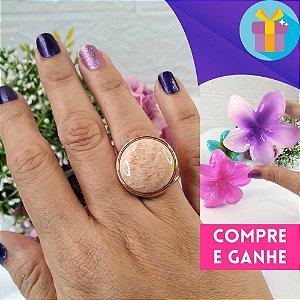 Anel Ajustável com Pedra Amazonita Bege Redonda Banhado a Ouro