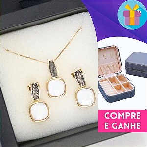 Conjunto Madrepérola Quadrada com Detalhes em Ródio Negro banhado a ouro