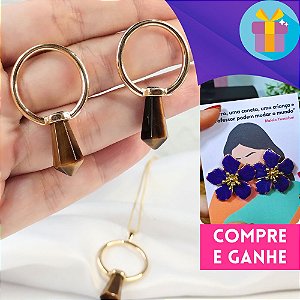 Conjunto com Pingente Redondo e Pedra Olho de Tigre Ponta Lapidada banhado a ouro