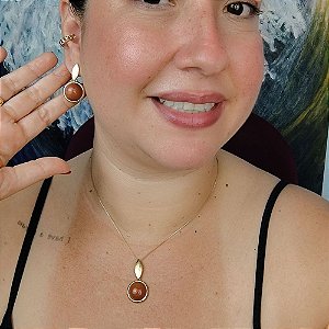 Conjunto de Pedra do Sol Redonda com Detalhes Banhado a Ouro