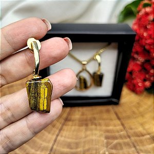 Conjunto de Colar curto e Brincos de  Pedra Natural Olho de Tigre Banhado a Ouro