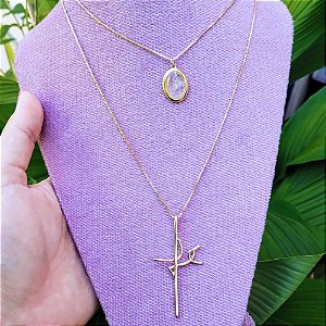 Colar Duplo com Pingente Gota de Cristal da Rocha e “FÉ” Banhado a Ouro