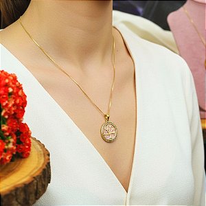Colar com Pingente Árvore da Vida de Opalina Banhado a Ouro