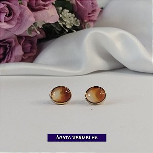 Brinco Pequeno de Pedra Oval Ágata Vermelha Banhado a Ouro