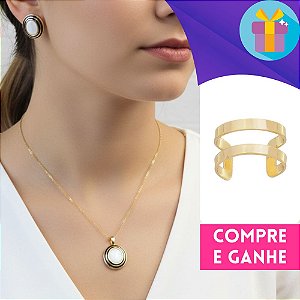 Conjunto de Pedra Redonda Madrepérola com Detalhes Esmaltados Banhado a Ouro