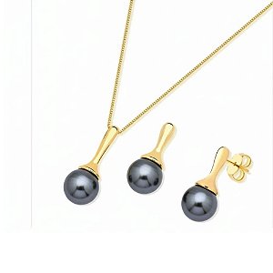 Conjunto Colar e Brinco Pino com Pérola Shell Grafite Banhado a Ouro