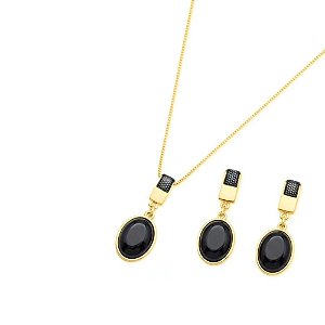 Conjunto Gota de Ágata Preta com Detalhes em Ródio Negro Banhado a Ouro