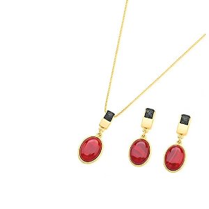 Conjunto Gota de Ágata Vermelha com Detalhes em Ródio Negro Banhado a Ouro