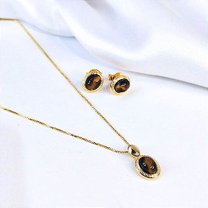 Conjunto Delicado com Pedra Oval Olho de Tigre Banhado a Ouro