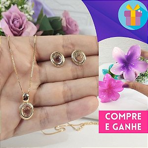 Conjunto Delicado com Pedra Oval Cristal de Rocha Banhado a Ouro