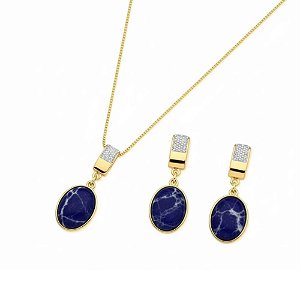 Conjunto Gota de Sodalita com Detalhes em Ródio Branco Banhado a Ouro