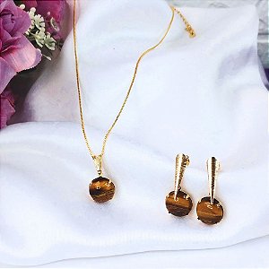 Conjunto com Detalhes Texturizados e Pedra Redonda Olho de Tigre Banhado a Ouro