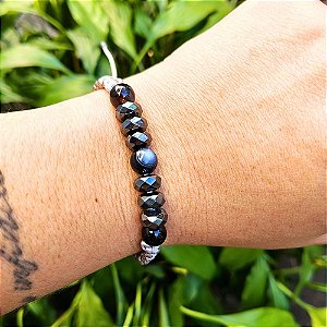 Pulseira de Ágata Preta e Hematita Macramê Fio de Seda