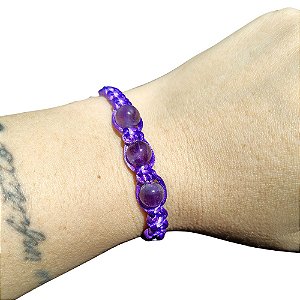 Pulseira Artesanal de Ametista Natural com 3 Pedras em Fio de Seda