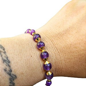 Pulseira de Ametista Natural com detalhes banhadas a Ouro