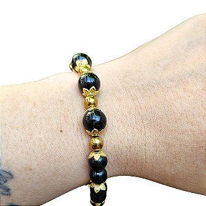Pulseira de Ágata Preta e Ônix Natural com Hematitas Dourada e Detalhes Banhados a Ouro