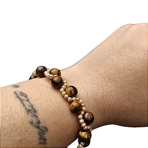 Pulseira Trançada de Cristais e Olho de Tigre Natural Banhada a Ouro