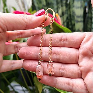 Conjunto Colar e Brinco Gancho em Quartzo Hematoide e Aventurina Banhado a Ouro