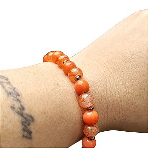 Pulseira Solar de Cristais e Miçangas Laranja Banhada a Ouro