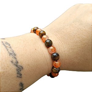 Pulseira de Pedra Natural Olho de Tigre e Miçangas Laranjas em Macramê Fio de Seda