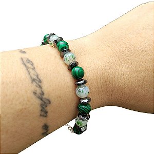 Pulseira pedra malaquita e discos de hematita com contas Banhado a Prata