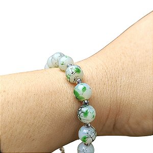 Pulseira de Contas Estilo Porcelana com Hematitas Facetadas Banhada a Prata
