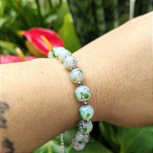 Conjunto de Colar e Pulseira Contas Estilo Porcelana Banhado a Prata