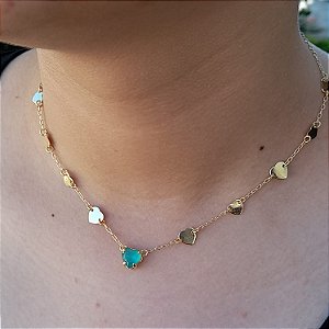 CORRENTE  CORAÇÃO PEDRA VERDE BANHADO EM OURO 18k