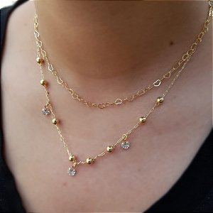 CORRENTE DUPLA CORAÇÃO E BOLINHA BANHADO EM OURO 18K