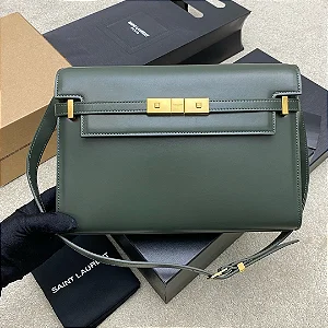 BOLSA SAINT LAURENT MANHATTAN SMALL SHOULDER VERDE OLIVA FERRAGENS DOURADAS