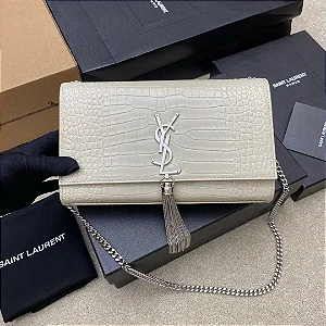 BOLSA SAINT LAURENT SHOULDER OFF-WHITE CROC FERRAGENS PRATA