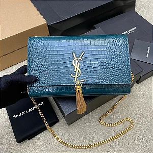 BOLSA SAINT LAURENT SHOULDER BLUE PETRÓLEO CROC FERRAGENS DOURADAS