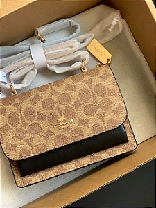 BOLSA COACH MINI KLARE CROSSBODY KHAKI PRETO FERRAGENS DOURADAS