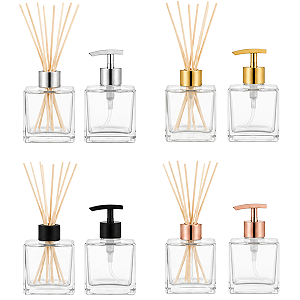 Kit Lavabo Luxo – Frasco Cubo 100ml + Vareta Madeira 25cm + Válvula Bico de Pato
