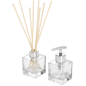 Kit Lavabo Luxo – Frasco Cubo 100ml + Vareta Madeira 25cm + Válvula Bico de Pato