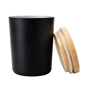 Copo/Pote Vidro Cilíndrico Preto Vela Tampa Madeira 210ml