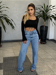 Calça Jeans Wide Leg Com Brilho
