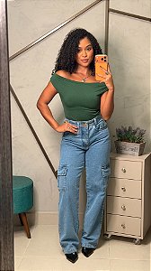 Calça Jeans Wide Leg Cargo