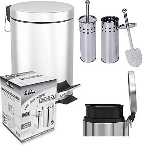 Kit Lixeira de Banheiro 3 Litros em Inox Com Pedal Escova Sanitaria e Suporte