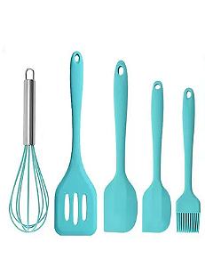 Conjunto 5 Peças de Utensílios de Cozinha (3 Espátulas, 1 Pincel e 1 Batedor de Ovos) Cor: Azul