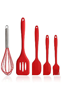 Conjunto 5 Peças de Utensílios de Cozinha (3 Espátulas, 1 Pincel e 1 Batedor de Ovos) Cor: Vermelho