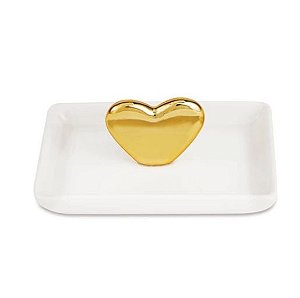 Porta-Jóias Coração em Cerâmica Branco e Dourado