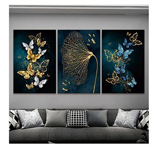 Quadro Painel Decorativo 3 peças 60x40 Borboletas Douradas e Azul