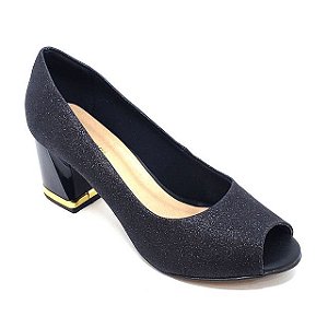 Peep Toe Hellen Suzan  Salto Bloco Baixo Gliter Preto